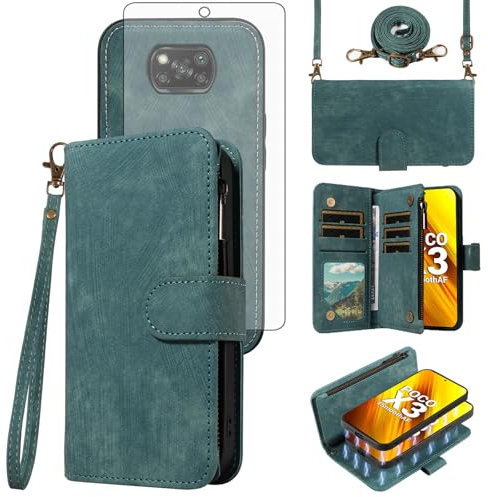 Funda para Xiaomi Poco X3 Pro/PocoX3 NFC/Poco X3 con cremallera, funda magnética desmontable con protector de pantalla de vidrio templado, correa cruzada, tarjetero, Mi PocoX3NFC Pocco X 3 3X