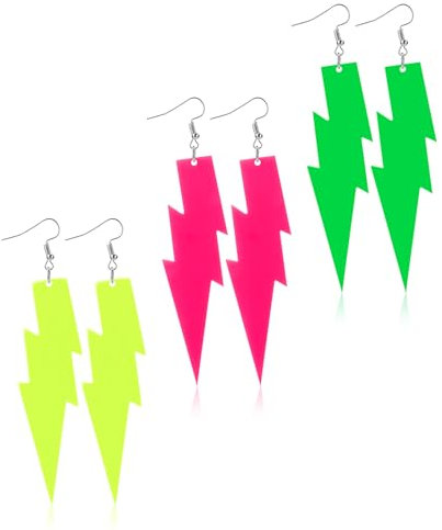 3 Paar Neon Ohrringe Blitz Ohrringe Damen Vintage 80er 90er Jahre Party Ohrringe Acryl Neon Ohrringe Frauen Blitz Tropfen Ohrringe Schmuck für Mädchen Halloween Weihnachten Party Zubehör