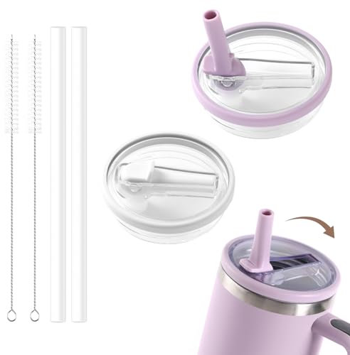 Stanley - Vaso de 40 oz con tapa de paja, compatible con tapa de copa stanley, a prueba de fugas, resistente a salpicaduras, tapa de repuesto reutilizable (blanco y morado)