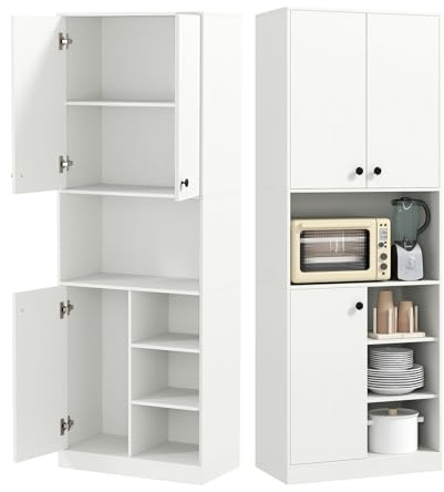 KOMFOTTEU Aparador Alto de Cocina 166 cm, Armario Buffet con 3 Puertas, 2 Cajones y 4 Estantes Abiertos, Alacena de Cocina para Microondas, Mueble de Almacenamiento para Baño, Salón, Comedor (Blanco)