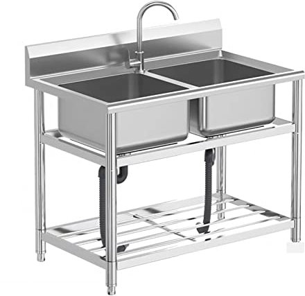 Fregadero de Acero Inoxidable para Uso General, Fregadero Independiente, Fregadero Comercial de Acero Inoxidable de Doble cubeta con estantes de Almacenamiento, Grifo y escurridor