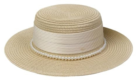 Sombrero de paja para mujer, plano, con cinta de perlas, elegante sombrero de canotier, ala ancha, sombrero de verano, protección UV, sombrero de playa, boate, sombrero clásico de vacaciones para