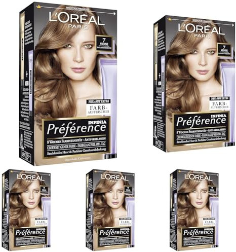L'Oréal Paris Permanente Haarfarbe, Haarfärbeset mit Coloration und Farbglanz-Pflegebalsam, Préférence, 7 Natur Mittelblond (Vienna) (Packung mit 5)
