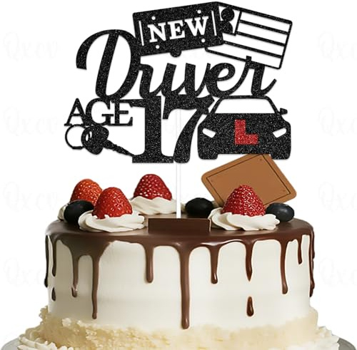 Qxcv New Driver Age 17 Cake Topper Happy 17th Birthday Cake Decoration Funny Learner Driver Bloody L Decoration for Teen Boys Girls Black Red Glitter