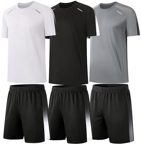 RPOVIG Men's 3 Pack Shirts Shorts Zipper Pockets Quick Dry Gym Athletic Clothes Workout Running Sets Summer Casual
