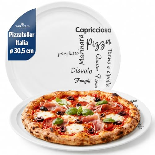 Van Well Pizzateller Italia 30,5 cm – runder Porzellanteller mit italienischem Typografie-Design, modern, weiß, spülmaschinengeeignet, ideal für Pizza & Pasta