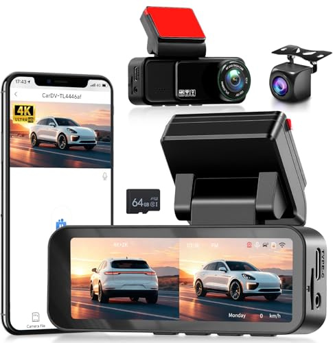 Hodozzy 4K Dash Cam Front and 2K Rear Camera, 3.16 Inch IPS Screen, Dash Camera for Cars, WiFi &APP Control, ADAS & BSD & LCA, Night Vision, G-Sensor, Loop Recording Parking Mode Monitor, 64G Card
