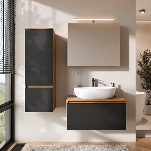 Planetmöbel Arisa Badmöbel Set Waschtisch mit Unterschrank | 80 cm, gold eiche schwarz mit ARIA Spiegelschrank und Hochschrank, Waschbecken 60 cm gold eiche weiß, Raumsparsiphon