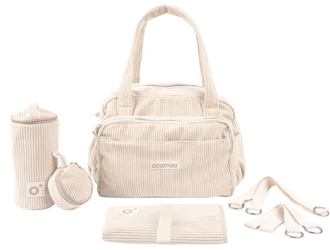 doomoo Wickeltasche Fluffy - 24l Kapazität, Abnehmbare Tasche, inkl. 8 Baby-Zubehörteile darunter Wickelunterlage, Kinderwagenbefestigungen & Isoliertasche, Windeltasche für unterwegs, Corduroy Kaki