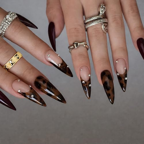 Long Stiletto Press On Nails with Brown French Tip Leopard Print & Clear Rhinestones - Glossy Glam ABS Manicure Set with Jelly Adhesive Tabs for Parties and Evening Events