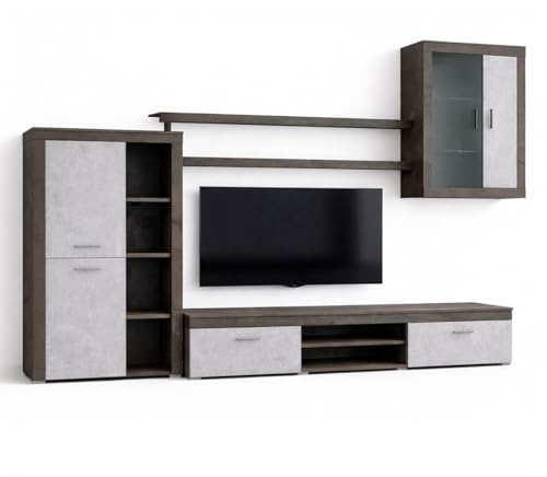 Arreditaly Parete Attrezzata Da Soggiorno Salotto Moderna Con Ante Mensole Vani A Giorno Vetrinetta Mobile TV Design Moderno Moduli Sospesi 293 x 193 x 50 Cm (Ossido e Grigio Cemento)