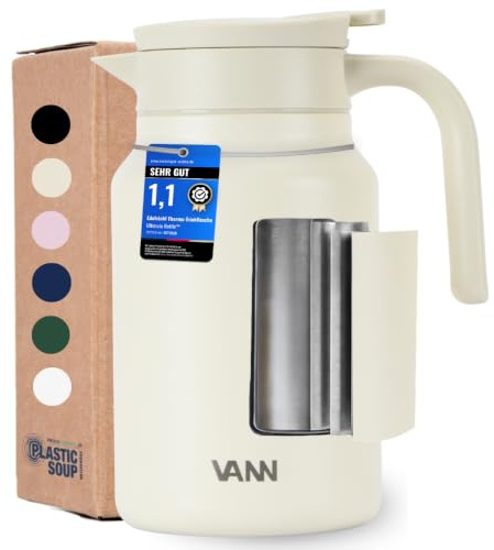 VANN Thermoskanne 1,5l - 3-fach Isolierkanne [24h warm, 36h kalt] | Thermoskanne aus zertifiziertem Edelstahl [BPA-frei] - als Teekanne oder Kaffeekanne - Auslaufsicher - Jug Beige
