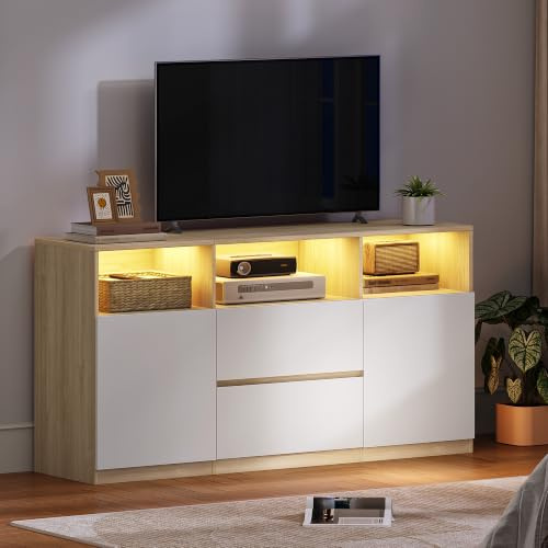 Hzuaneri TV-Schrank mit RGB LED-Beleuchtung(25 Farben), Weiß-Eichefarben | Fernsehschrank für Fernseher bis 65 Zoll, Sideboard mit Schubladen 3 offenen Fächern, für Wohnzimmer Schlafzimmer, TV17031XEU