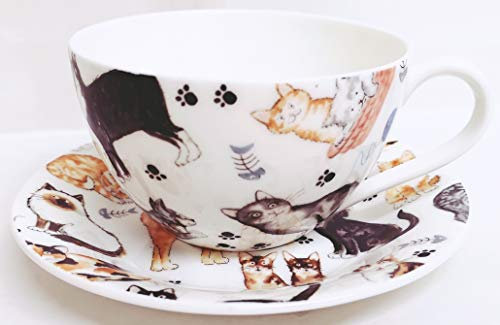 Cats Breakfast Cup & Saucer Set Fine Bone China Cute Collage Cats Hand Decorated in UK