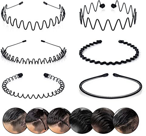 6 Pcs Élastique Ondulés Spring Wave Serre Tete, Multi-Style Noir Antidérapant Métal Cerceau De Serre Tete Homme, Sport Unisexe Serre Tete Accessoires pour Femmes et Hommes