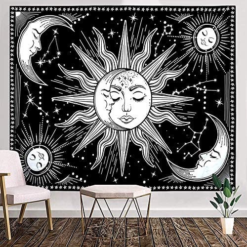 WOVTE Sun and Moon Tapestry Black and White Tapestry Constellation Astrology Psychedelic Mystic Wall Hanging Nature Home Decorations For Bedroom Dorm Room (150x130cm)