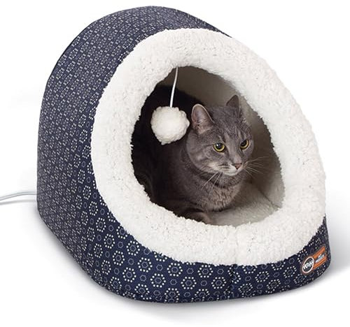 K&H Pet Products Thermo-Pet Cave Katzenbett, beheizt, Marineblau, Geo-Blume, 43,2 x 38,1 x 33 cm