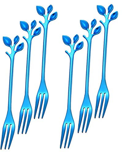Turbokey Pastry Fork Dessert Fork Set Appetizer Cake Fruit Forks Set of 6, Blue Leaf Cocktail Picks Kitchen Accessory Cocktail Appetizer Dessert Party Wedding (6 Forks, Blue)
