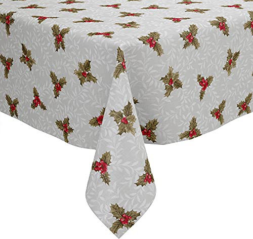 Karina Home Christmas Holly PVC Vinyl Wipe Clean Oilcloth Tablecloth (Grey, 200cm x 140cm)