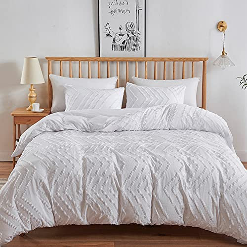 CLOTHKNOW Weiß getuftet Bettdecke Set Queen Weiß Bettdecke Queen Set Jacquard Boho Tröster Damen Herren Tröster Bauernhaus Bett Bettwäsche Shabby Chic Weiß Bett Bettdecke Sets Weiß Bettdecke