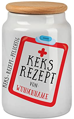 Sunnywall personalisierbare Keks Rezept Keksdose mit Wunschname - Keramik weiss mit Echtholzdeckel 700 ml. Keksdose, Gebäckdose – Geschenkidee (Keks-Rezept-Rot)
