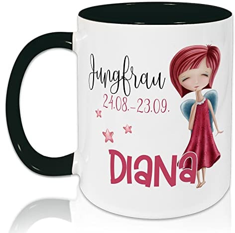 GRAZDesign Tasse Horoskop, Sternzeichen Jungfrau mit Datum und Namen, personalisiert, Keramiktasse Innen Schwarz, Außen weiß (Jungfrau)
