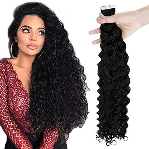 RUNATURE Tape Extensions Echthaar Schwarz locken 35cm Extensions Locken Echthaar Tapes Natürliches Schwarz Tape in Extensions Echthaar Locken Haarverlängerung #1BNW 20 Stück 50g