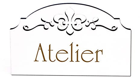 Atelier Schild Holz graviert Ornamente selbstklebend Künstlerwerkstatt Türschild Türdeko 15,5 x 9,5 cm