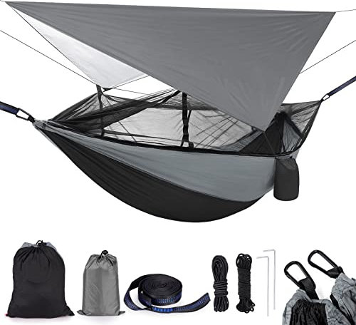 Camping Hammock 2 Person Hammocks with Net, Tent, Tree Straps Heavy Duty Waterproof Lightweight Nylon Portable Hammock for Hiking Outdoor Travel Beach Survival Backyard (Black&Grey)