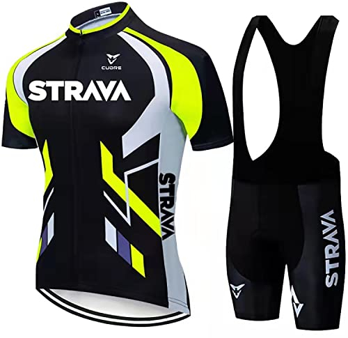 Linarun Herren Fahrradtrikot Set, Fahrradbekleidung Kurzarm + Trägerhose mit Sitzpolster aus Atmungsaktiv, Schnell Trockend Polyester für Radsport