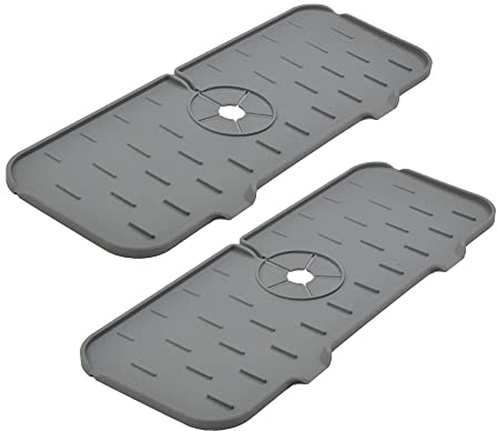 G-LIKE Wasserhahn Spritzschutz Unterlage Tablett – 2 Stück Silikon Trocknungsmatte Arbeitsplattenschutz Tropffänger Pads mit Abfluss Passend Zubehör für Küche Spülbecken Bad Waschbecken (Dunkelgrau)