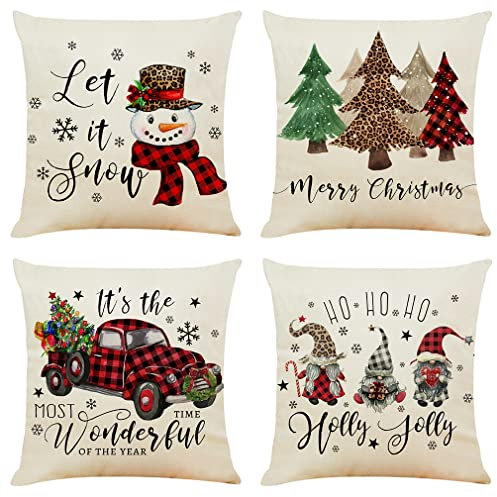NIULAA Weihnachten Kissenbezug 40x40 4er Set Weihnachtsdeko Kissenhülle Dekokissen Weihnachtskissenbezug Deko Kissen Landhausstil Sofakissen Leinen Kissenbezüge für Sofa Couch Wohnzimmer