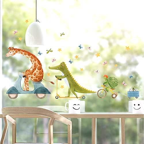 WandSticker4U®- Fensterbilder Kinder Tiere GIRAFFE & KROKODIE selbstklebend I Fenstersticker Kinder Tiere Blumen Schmetterlinge I Fensteraufkleber Fensterdeko Kinderzimmer Baby Frühling Sommer
