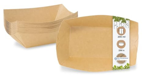 GREENBOX Bandejas de cartón premium para aperitivos de 200 ml, vajilla de cartón en 12,5 x 10,5 x 3,5 cm, cuenco para aperitivos para comida rápida, biodegradable y sin plástico, de materiales