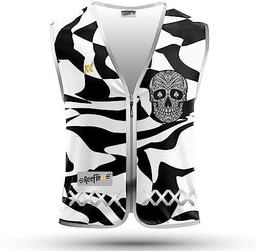 REEFLEXX Herren-Fahrradweste - Stylische Warnweste mit auffälligen Farben/Mustern und starken Reflektoren - Erhöhte Sichtbarkeit im Straßenverkehr. Black White Skull, Größe S/M