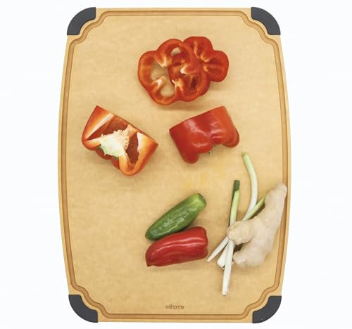 Elihome Essential Series Cutting Board for Kitchen- Natural Wood Fiber Composite, Dishwasher Safe, Eco-Friendly, Juice Grooves, Non-slip Feet, Non-Porous, Reversible, BPA Free, Large- 14 x 10)