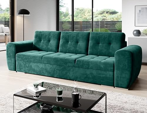 MODERNO Bari 3-Sitzer Sofa mit Schlaffunktion Couch Schlafsofa mit Bettkasten Schlafcouch Moderne Möbel ins Wohnzimmer Sofagarnituren Veloursstoff Steppsofa Grün