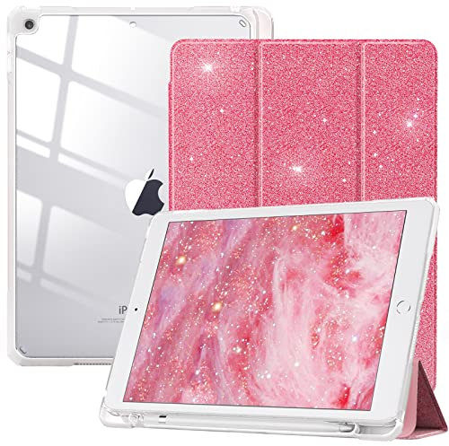 TiMOVO Case for iPad 9th Generation 2021/iPad 8th Generation 2020/iPad 7th Generation 2019 10.2 inch with Pencil Holder, Slim Protective Cover with Clear Back, Auto Wake/Sleep,Glitter Watermelon Red