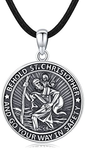 CHENGHONG St Christopher Necklace for Men Women 925 Sterling Silver Necklaces Saint Christopher Medal Amulet Pendant Protect Us Gifts for Women Catholic Medallions Jewellery 18+2 Chain Leather Rope