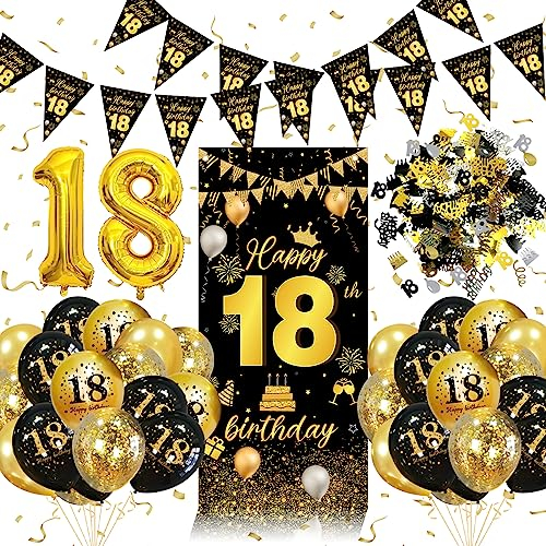 18 Geburtstag Deko,18. Geburtstag Junge Männer Frauen Dekorationen Banner,Konfetti 18. geburtstag deko Mädchen,18 Lange Banner und Schwarz Gold, 18 Luftballons