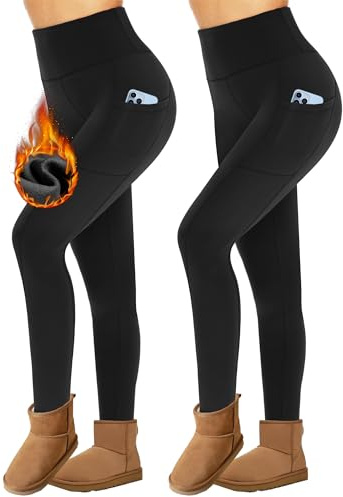 Missluck 2er Pack Thermoleggings Damen Winter mit Taschen für Sport Gym | High Waist Thermohose Gefüttert Fleece Leggins Thermounterwäsche Warm Strumpfhose Winterkleid