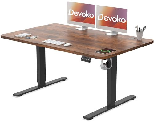 Devoko Electric Standing Desk 120x60cm Sit Stand Table Height Adjustable Desk with Backpack Hook and Memory Smart Pannel, Home Office with Splice Board, Rustic Brown