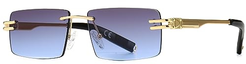 Ggpyyon Retro Randlose Sonnenbrille für Damen Herren Mode Rechteck Sonnenbrille Quadratische Brille(Gold/Farbverlauf Grau Blau)