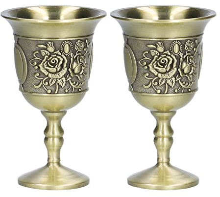 belupai 2pcs Brass Vintage Goblet Chalice, Vintage Embossed Engraving Flower Pattern Metal Embossed Wine Copper Gemstone Cups Medieval Gothic Goblet for Art Craft Decoration Home