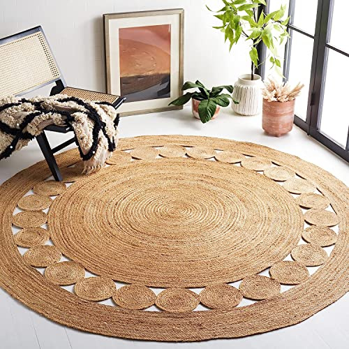 GlammTexa Hand Woven Round Jute Area Rug Braided Round Rugs For Boho Home Decor Living Room And Kitchen Floor Decoration Natural Eco Friendly Area Rug (Natural Inner Ring, 90 x 90 cm (Round))