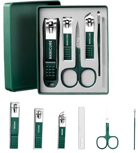 Dark Green Splash-Proof Stainless Steel Nail Clipper Set with 6-Piece Nail Clipper Set, Nail Clipper Repair Tool (Nano Glass File for Shining Nails, Dual Purpose Repair+Ear Spoon+Eyebrow Clipper+diag