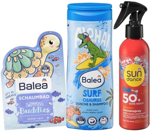 Balea x Sundance 3er-Set Hautpflege für Kinder: SURFOSAURUS 2in1 Duschgel & Shampoo milde Reinigung (300 ml) + Schaumbad SWIMMING BUDDIES (40 ml) + SONNENSPRAY KIDS Sensitiv LSF 50+ (200 ml), 540 ml