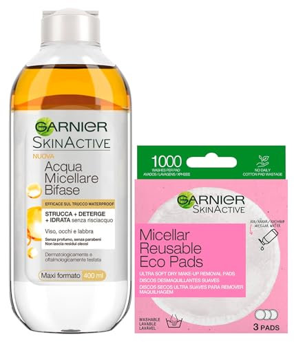 Garnier SkinActive Acqua Micellare Bifase Struccante Viso Occhi Labbra 400ml + Eco Pads Dischetti Micellari Struccanti in Microfibra Lavabili e Riutilizzabili Confezione da 3 Dischetti