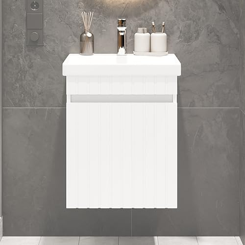 Planetmöbel Cosmia Badmöbel Set Waschbecken mit Unterschrank 50 x 60 x 35 cm Weiß, Keramik Waschtisch mit Tür