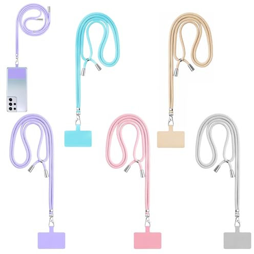 DERJDISF Lot de 5 Cordons Universels pour Téléphone Portable - Lanière pour Téléphone à Porter Autour du Cou et au Poignet avec des Patchs de Fixation pour la Plupart des Smartphones (5 Couleurs)